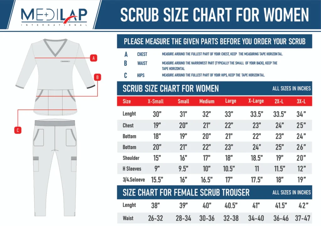 Size Chart for Women Medical Scrubs in Pakistan
