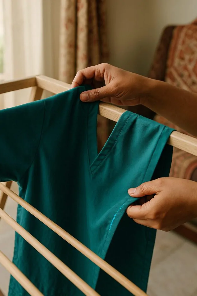 Close-up of hands hanging green medical scrubs on indoor drying rack in Pakistani home, avoiding direct sunlight