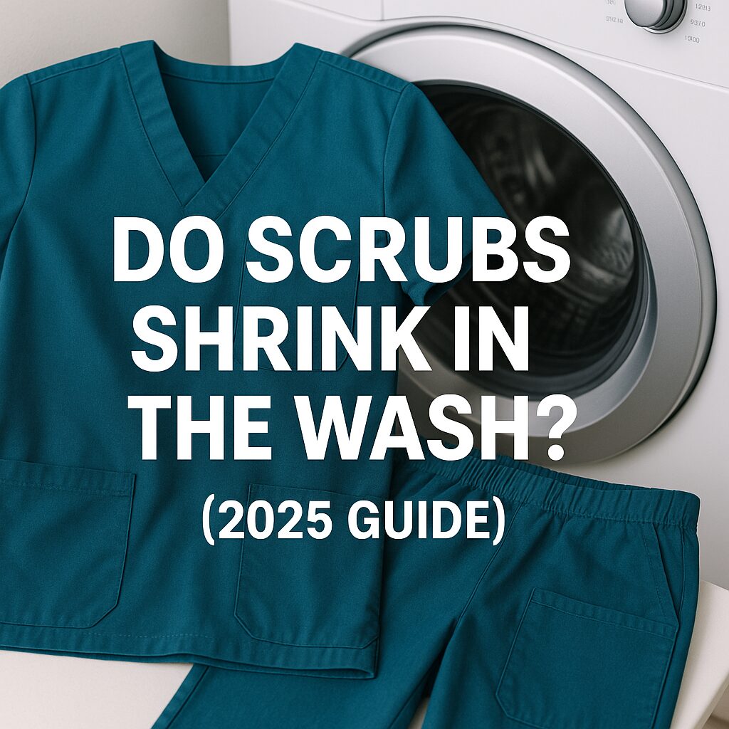 Teal blue medical scrubs placed in front of a white washing machine with bold text overlay that reads