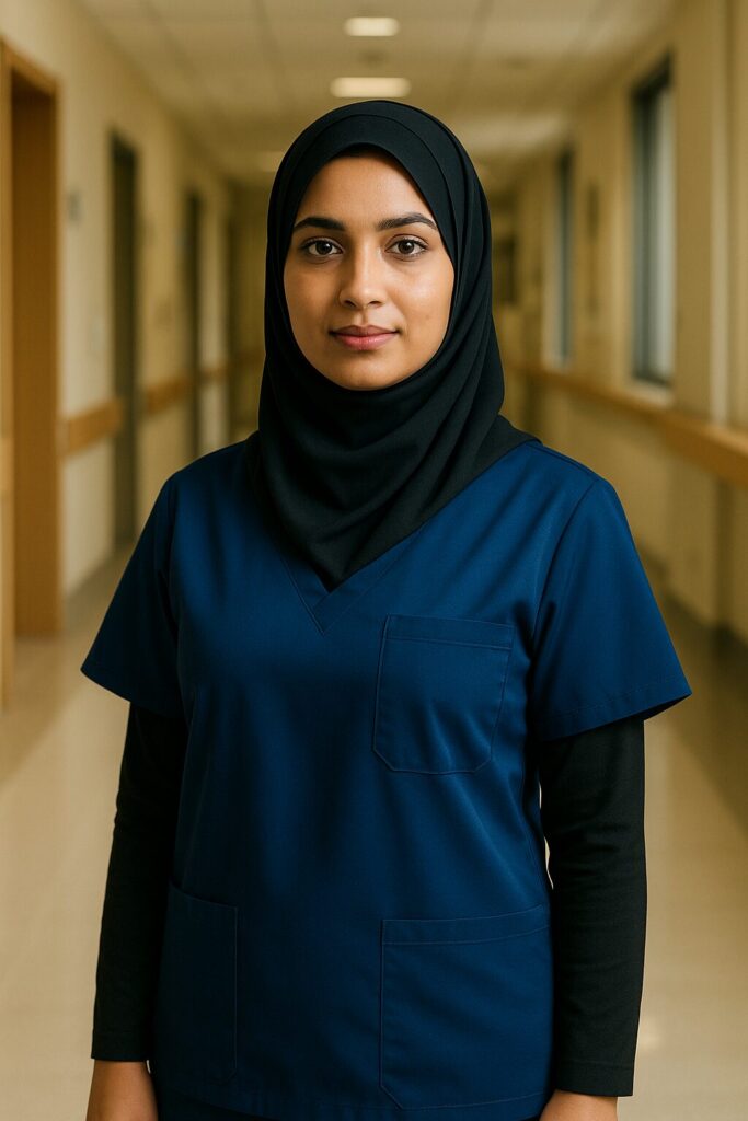 Confident Pakistani nurse in crisp blue medical scrubs smiling at camera, uniform showing no fading after repeated washes
