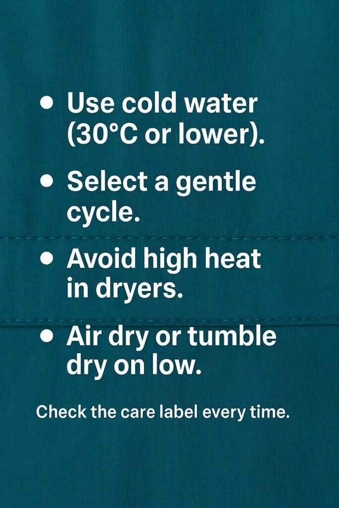 Laundry care infographic with teal fabric background showing bullet points for do scrubs shrink in the wash: use cold water (30°C or lower), select a gentle cycle, avoid high heat in dryers, air dry or tumble dry on low, and a reminder to check the care label every time.
