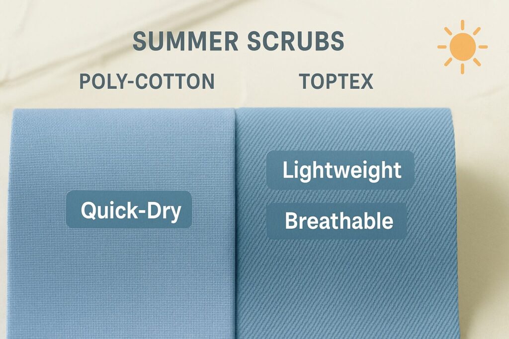 Fabric comparison between poly-cotton and Toptex used in hot weather medical scrubs for healthcare workers in Pakistan
