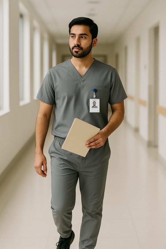 Pakistani nurse wearing jogger scrubs inside a clinic, showing professional and functional hospital wear.