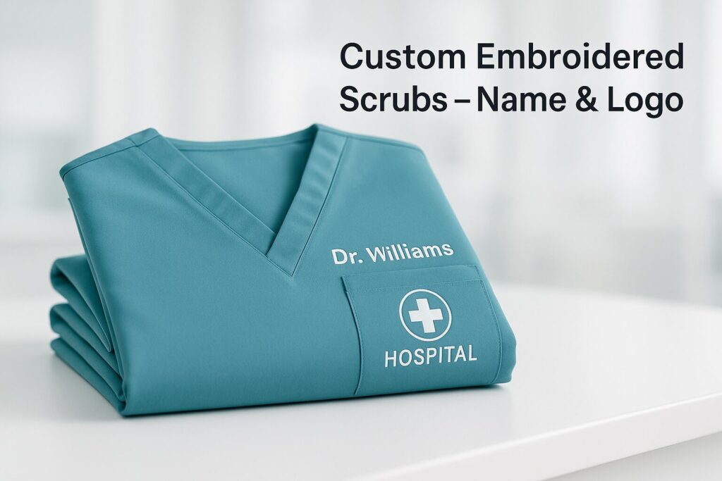 Custom embroidered Medilap scrubs with name and hospital logo