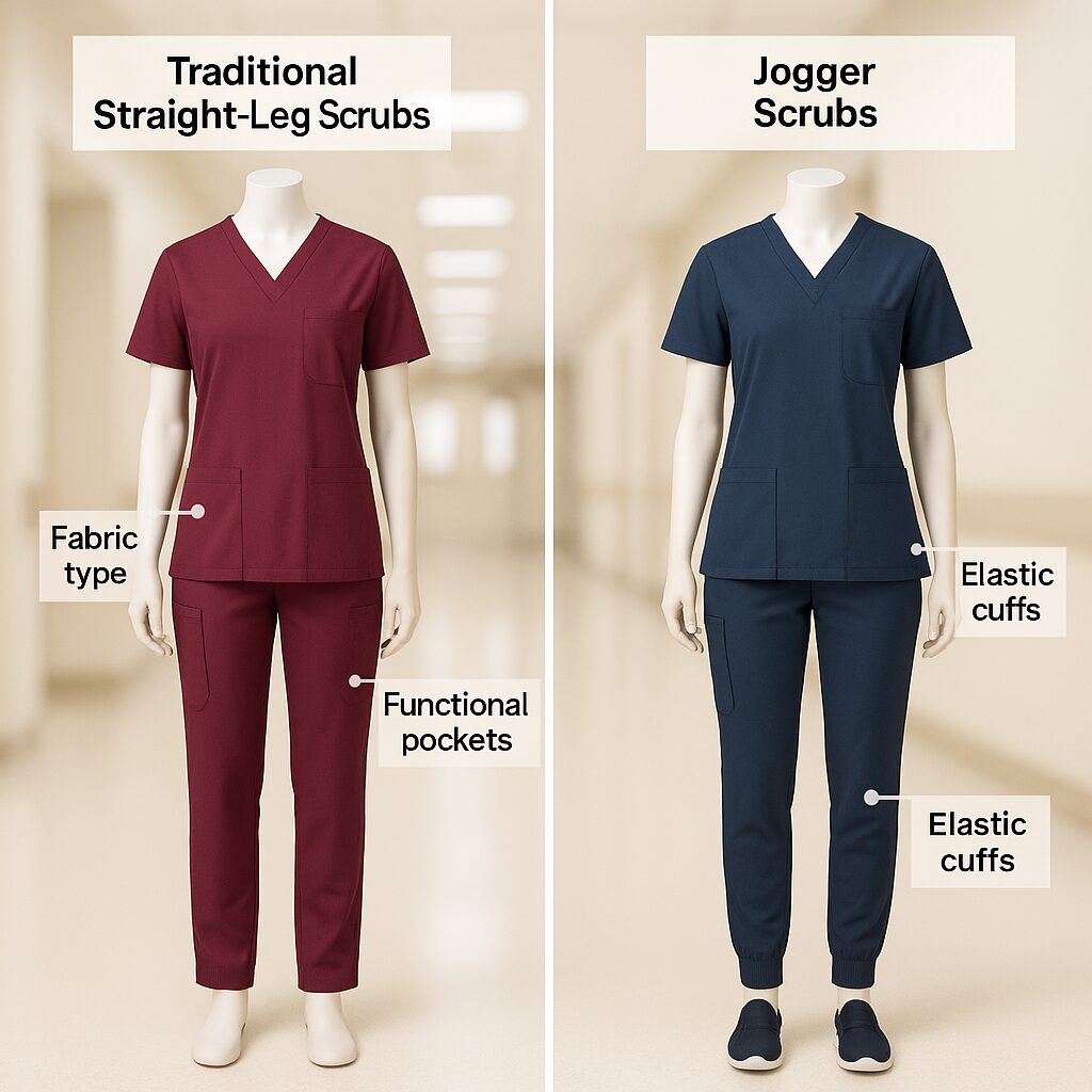 Side-by-side image of jogger scrubs vs. traditional scrubs in a Pakistani healthcare setting.