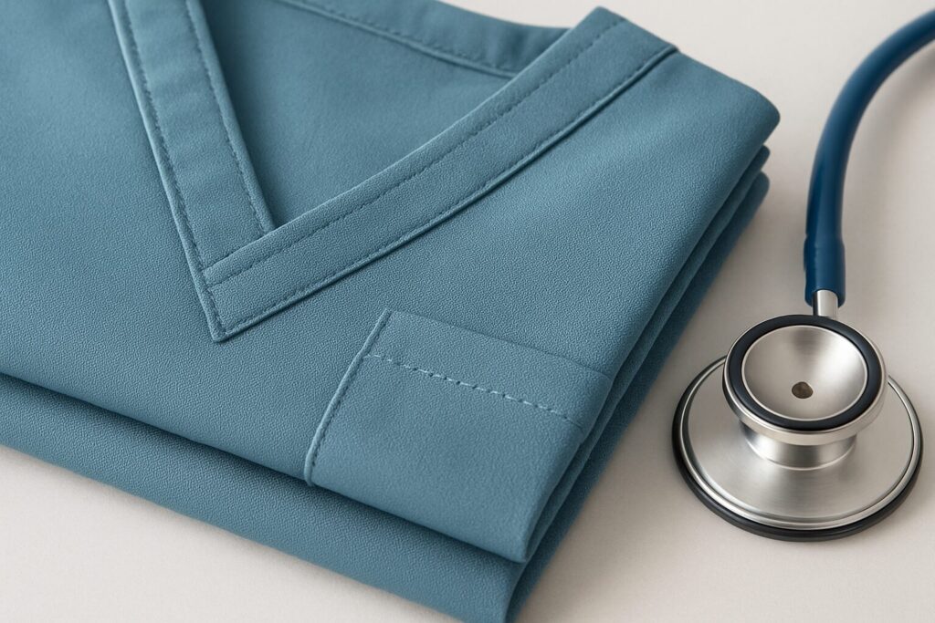 Close-up of medical scrubs fabric and stitching detail showing durability and hygiene to help when to replace medical scrubs