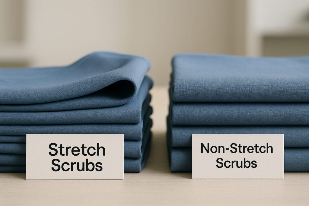 Stacked Medilap scrubs in two piles, one showing flexible stretch fabric and the other firm non-stretch fabric, symbolizing comfort and durability for daily wear.