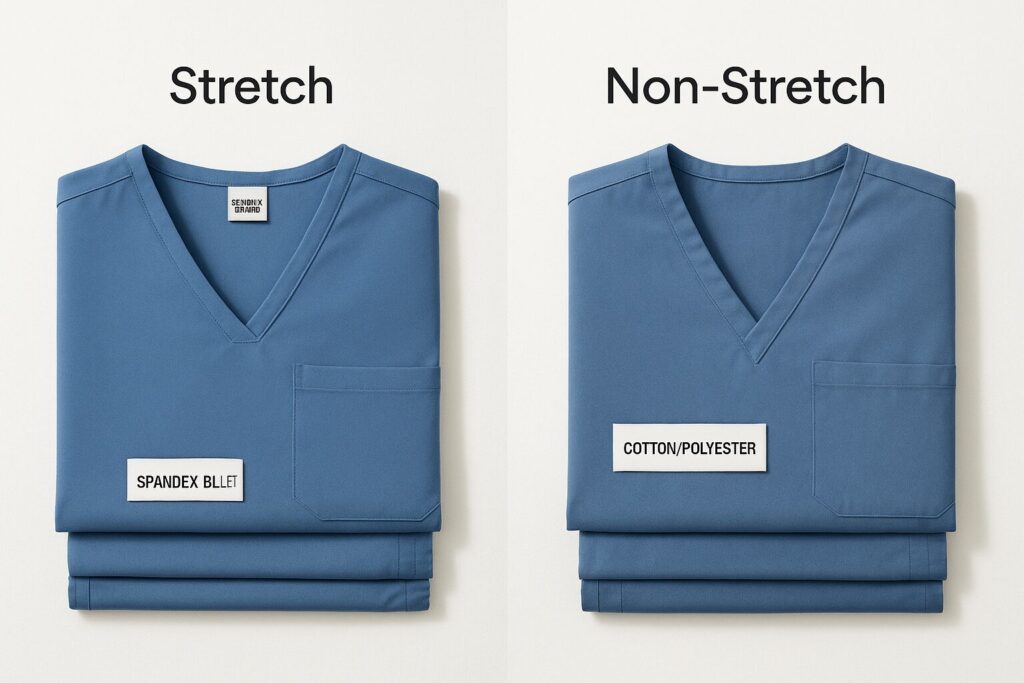 Flat lay of Medilap medical stretch vs non-stretch scrubs scrubs showing stretch fabric with spandex blend versus non-stretch cotton scrubs, highlighting texture and flexibility.
