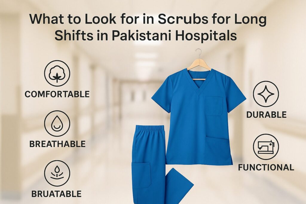 Blue medical scrubs set displayed with infographic listing features for long shifts in Pakistani hospitals, including comfort, breathability, durability, and functionality.