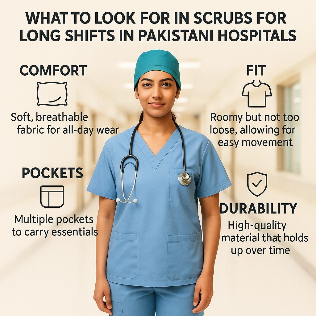 Female healthcare worker in blue scrubs with infographic highlighting what to look for in scrubs for long shifts in Pakistani hospitals, comfort, fit, pockets, and durability.

