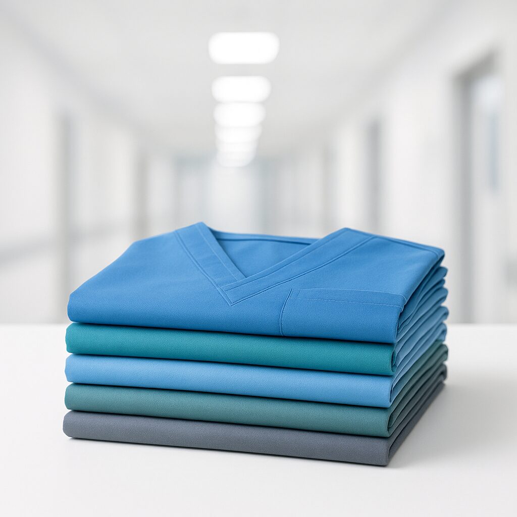 Stack of clean folded medical scrubs on a white surface symbolizing replacement and freshness