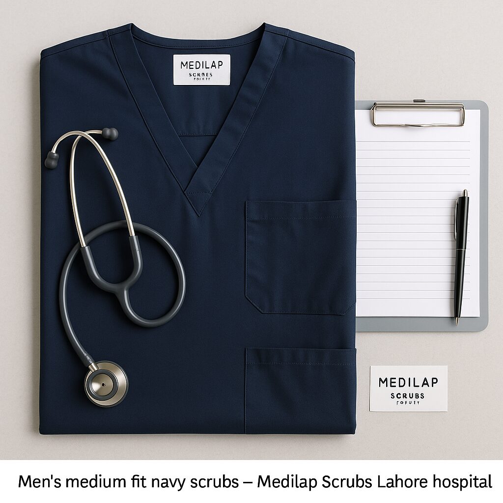 Flat lay of folded teal-blue medical scrubs with a measuring tape, showcasing accurate medical scrub size for Pakistan healthcare professionals.