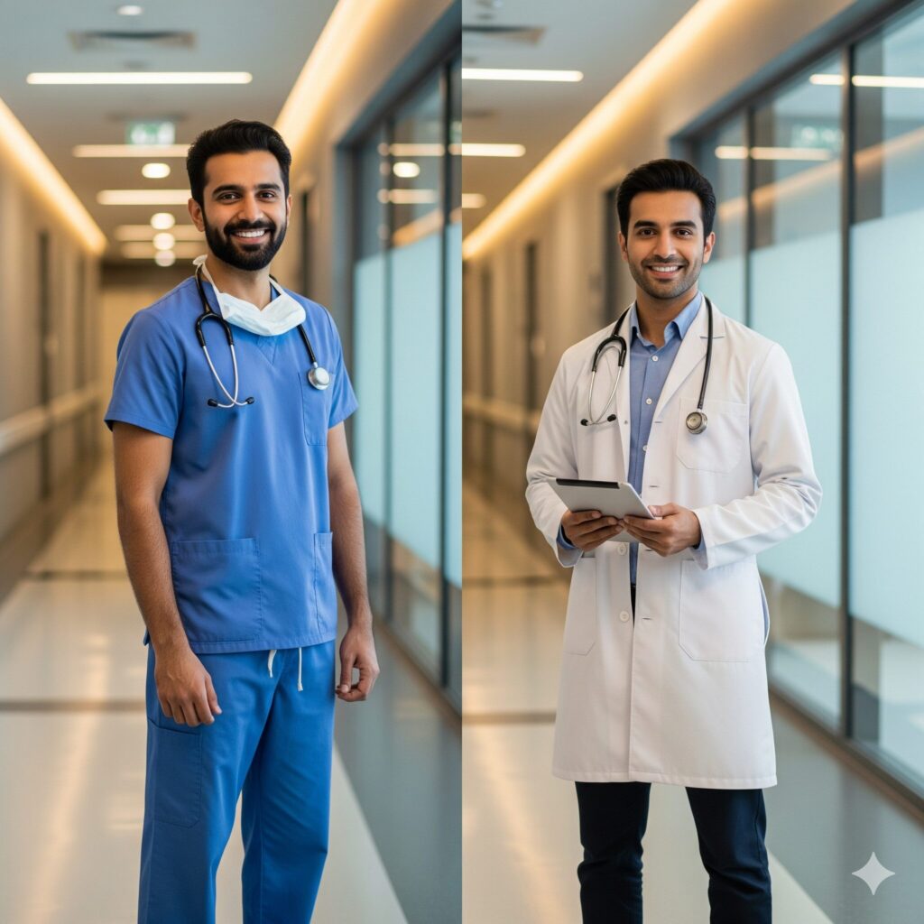 Doctor in scrubs and healthcare professional in a lab coat standing side by side in a hospital corridor, symbolizing the difference between scrubs and lab coats.