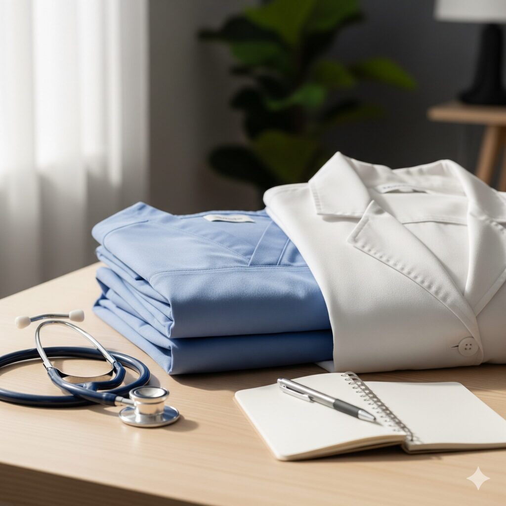 Folded blue scrubs placed next to a white lab coat with a stethoscope, showing practical differences in medical attire for medical scrubs vs lab coats